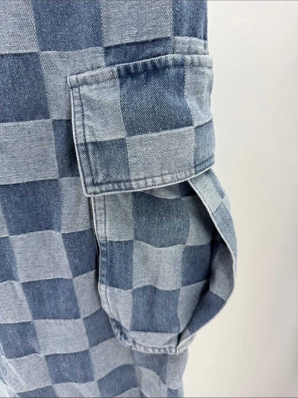 Bibi Checkerboard Denim Cargo wide leg barrel Jeans Pants Two-Tone Blue XL denim - Picture 5 of 11